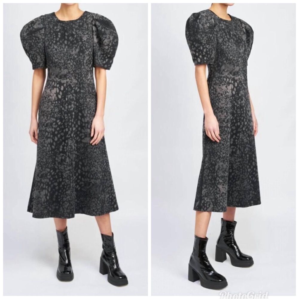 Revolve En Saison Harlow Charcoal Denim Puff Sleeve MIDI Dress Size L